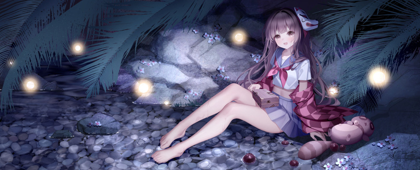 blush brown_hair feet fireflies fox_mask highres legs loli long_hair mask mask_on_head night official_art plaid plaid_shirt school_uniform shirt smile soul_tide toes water wet woodsbench