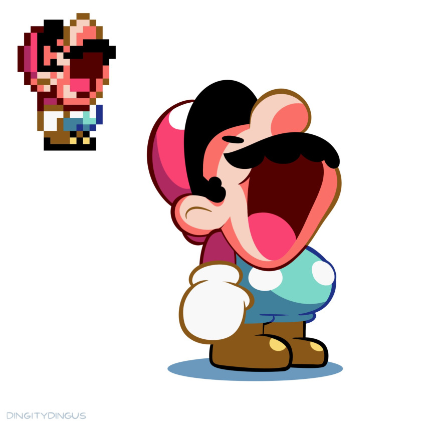 1boy blue_overalls brown_footwear brown_headwear facial_hair full_body gloves highres looking_up male_focus mario mustache overalls red_headwear reference_inset screaming simple_background solid_oval_eyes sprite standing super_mario_bros. super_mario_world vinny_(dingitydingus) white_background white_gloves