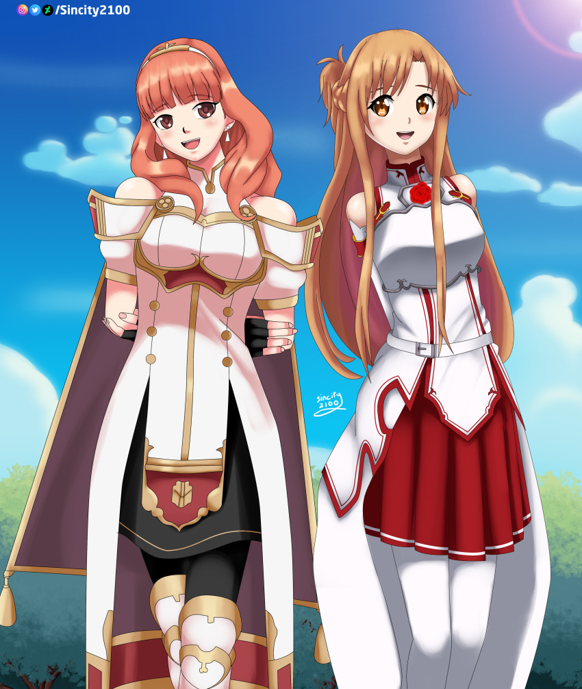 2girls armor arms_behind_back asuna_(sao) blue_sky blush braid breastplate brown_eyes brown_hair cape celica_(fire_emblem) cute deviantart_username fire_emblem_echoes:_mou_hitori_no_eiyuuou fire_emblem_echoes:_shadows_of_valentia forest happy long_hair orange_hair ponytail princess red_skirt sincity2100 sleeveless sword_art_online tiara trees white_skirt yuuki_asuna