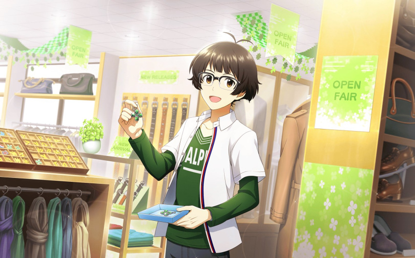 1boy ahoge akizuki_ryou bag belt brown_coat brown_footwear clothes clover coat collarbone collared_shirt fingernails four-leaf_clover glasses glint green_shirt handbag highres idolmaster idolmaster_side-m idolmaster_side-m_live_on_stage! indoors jewelry long_sleeves looking_at_viewer male_focus official_art open_mouth plant shirt shoes shop smile undershirt union_jack