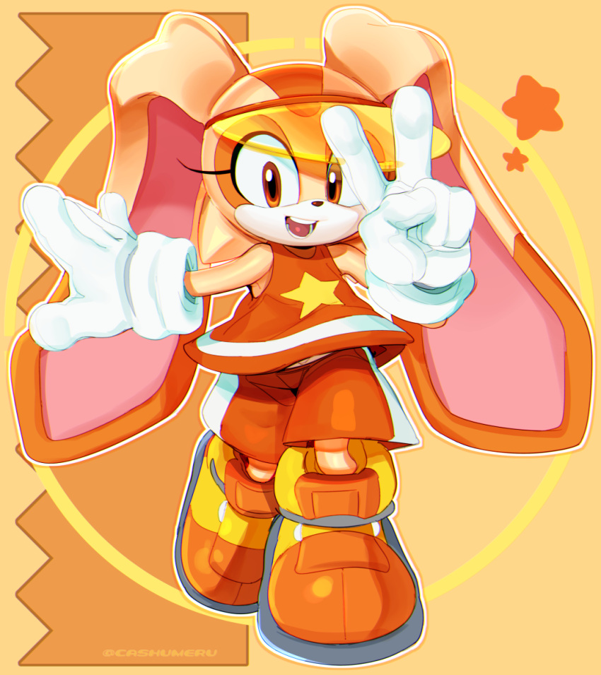 1girl :d animal_ears cashumeru child cream_the_rabbit female_child full_body furry furry_female highres looking_at_viewer open_mouth orange_eyes orange_shirt orange_shorts orange_theme rabbit_ears rabbit_girl shirt shoes shorts sleeveless sleeveless_shirt smile solo sonic_(series) sonic_riders v