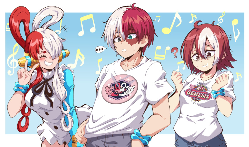 ... 1boy 2girls ? aqua_eyes boku_no_hero_academia bracelet breasts brown_eyes burn_scar closed_eyes color_connection crossover english_commentary grin hair_color_connection hair_rings heterochromia highres jewelry lewdamone long_hair made_in_abyss multicolored_hair multiple_crossover multiple_girls musical_note nervous_smile one_piece redhead scar shirt short_hair short_sleeves smile spoken_ellipsis todoroki_shouto two-tone_hair uta_(one_piece) v veko white_hair white_shirt
