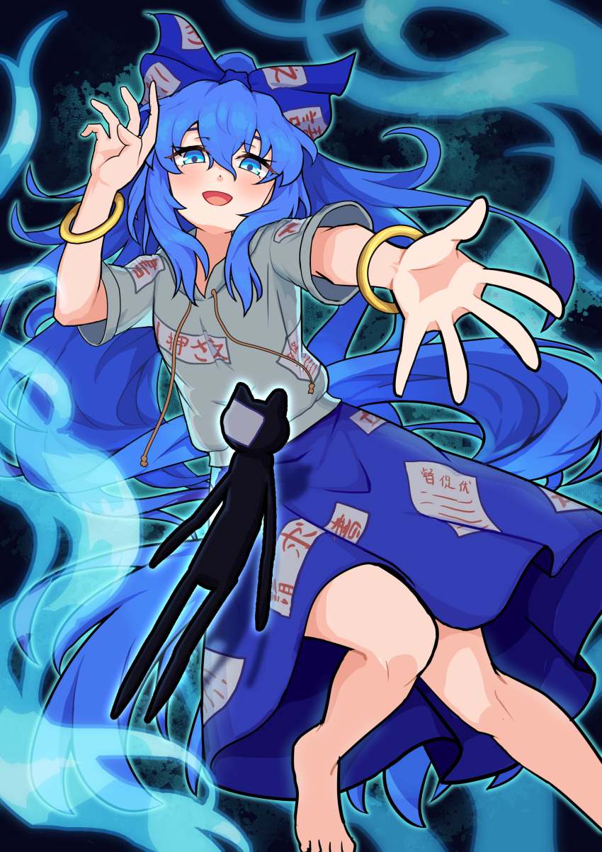 1girl :d absurdres barefoot blue_bow blue_eyes blue_hair blue_skirt bow bracelet clip_studio_paint_(medium) debt drawstring grey_hoodie hair_between_eyes hair_bow highres hood hoodie jewelry kou_syu_27 long_hair looking_at_viewer open_mouth skirt smile solo stuffed_animal stuffed_cat stuffed_toy touhou very_long_hair yorigami_shion