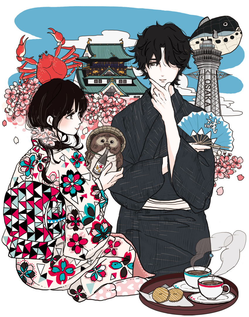 1boy 1girl aircraft animal animal_request architecture bangs black_eyes black_hair blue_sky bottle brown_headwear building castle cherry_blossoms clouds cookie crab cup dirigible east_asian_architecture floral_print flower folding_fan food ginkou_(atmzh) grey_hakama hair_over_eyes hakama hand_fan hand_on_own_chin highres holding holding_animal holding_fan japanese_clothes kimono looking_at_another medium_hair one_eye_covered original osaka_castle petals pink_kimono pink_scrunchie pink_socks polka_dot puffer_fish purple_flower scrunchie short_hair sky socks spoon steam tea teacup tower tray triangle_print two-tone_background white_background white_kimono