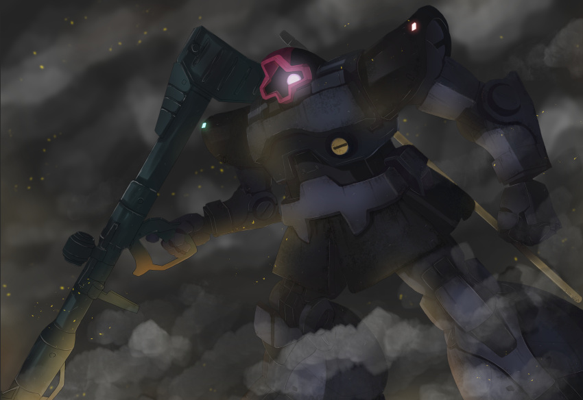 bazooka_(gundam) commentary_request dom dust glowing glowing_eye gundam highres mecha mobile_suit mobile_suit_gundam no_humans one-eyed robot science_fiction smoke upper_body user_cvha2545 violet_eyes