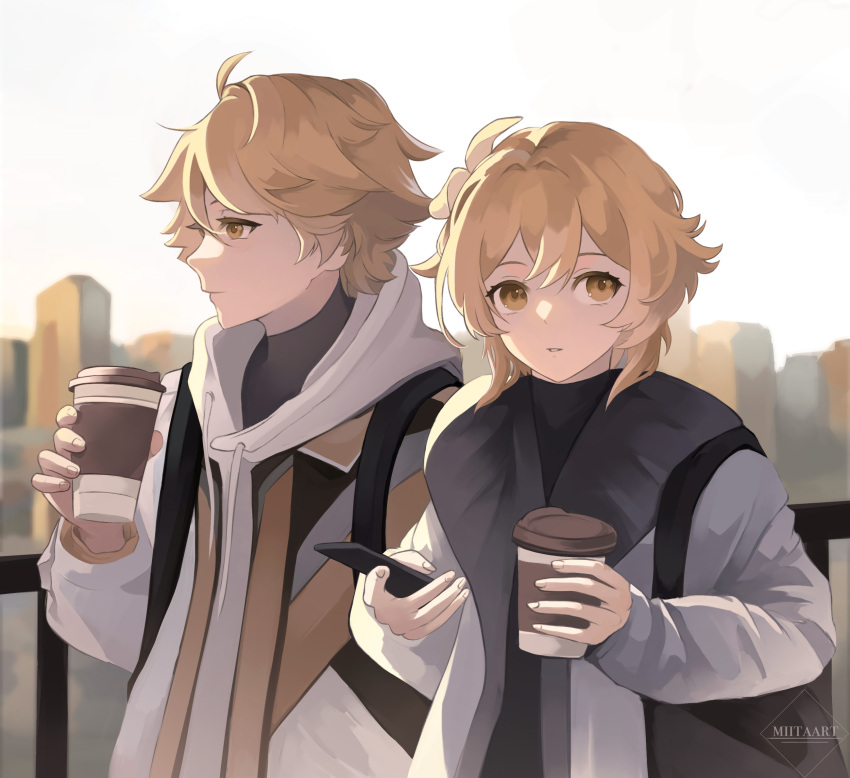 1boy 1girl aether_(genshin_impact) ahoge alternate_costume alternate_eye_color artist_name bag bangs black_bag black_sweater blonde_hair braid bridge brother_and_sister brown_eyes building cellphone city closed_mouth coffee cup english_commentary fingernails flower genshin_impact grey_bag grey_hoodie grey_jacket hair_between_eyes hair_ornament hand_up hands_up highres holding holding_cup holding_phone hood hoodie jacket long_hair long_sleeves looking_to_the_side lumine_(genshin_impact) miitaart open_clothes open_jacket outdoors phone puffy_long_sleeves puffy_sleeves short_hair short_hair_with_long_locks siblings sidelocks sky skyscraper smartphone standing sweater teeth watermark white_sky yellow_flower