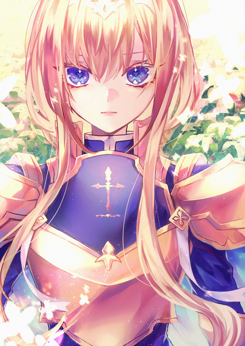 1girl absurdres alice_zuberg armor bangs blonde_hair blue_shirt breastplate closed_mouth commentary falling_petals gold_armor gold_trim hair_between_eyes headpiece highres long_hair long_sleeves looking_at_viewer petals ribbon shiroraba shirt shoulder_armor sidelocks solo sword_art_online sword_art_online:_alicization upper_body white_ribbon