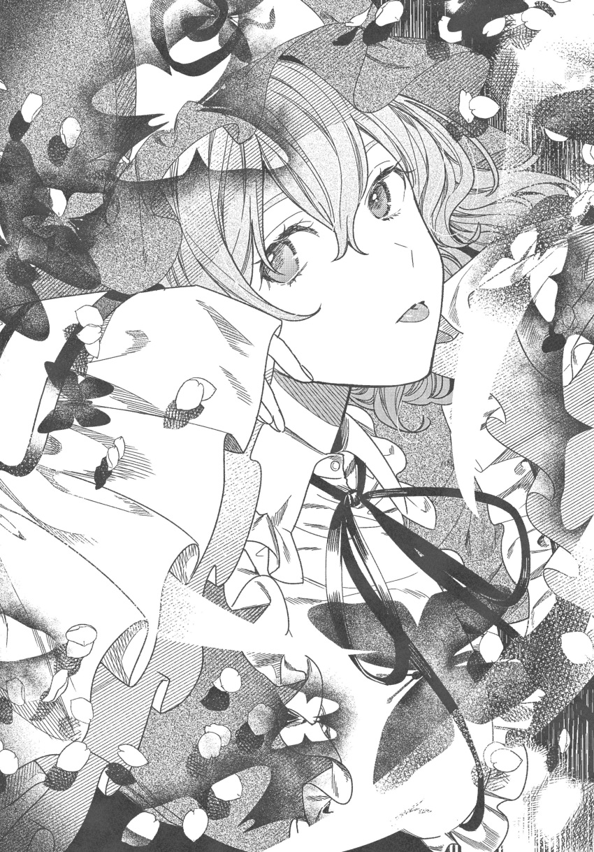 1girl :p absurdres bangs bug butterfly center_frills collared_dress commentary_request dress falling_petals frilled_sleeves frills greyscale hair_between_eyes hat highres long_sleeves looking_at_viewer medium_hair mob_cap monochrome neck_ribbon petals ribbon saigyouji_yuyuko sleeves_past_wrists solo tongue tongue_out touhou triangular_headpiece upper_body wide_sleeves yokujitsu