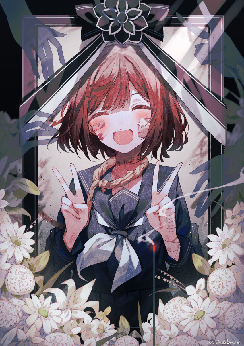 1girl absurdres bandages bandaid bangs black_ribbon black_serafuku blush brown_hair candle closed_eyes flower highres iei neckerchief open_mouth original photo_(object) portrait_(object) ribbon rope rope_around_neck sailor_collar school_uniform serafuku short_hair smile smoke solo umemaro_(siona0908) v