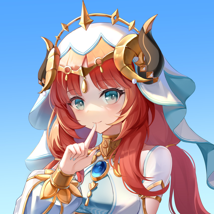 1girl absurdres aqua_eyes bangs blue_background blue_gemstone blue_nails blush bracer brooch chinese_commentary circlet closed_mouth commentary_request detached_sleeves finger_to_mouth gem genshin_impact gold_trim gradient gradient_background hand_up highres horns index_finger_raised jewelry long_hair long_sleeves looking_at_viewer low_twintails nail_polish neck_ring nilou_(genshin_impact) parted_bangs portrait puffy_long_sleeves puffy_sleeves redhead shirt sidelocks sky sleeveless sleeveless_shirt smile solo sorayo_noriyuki twintails veil white_headwear white_shirt white_sleeves