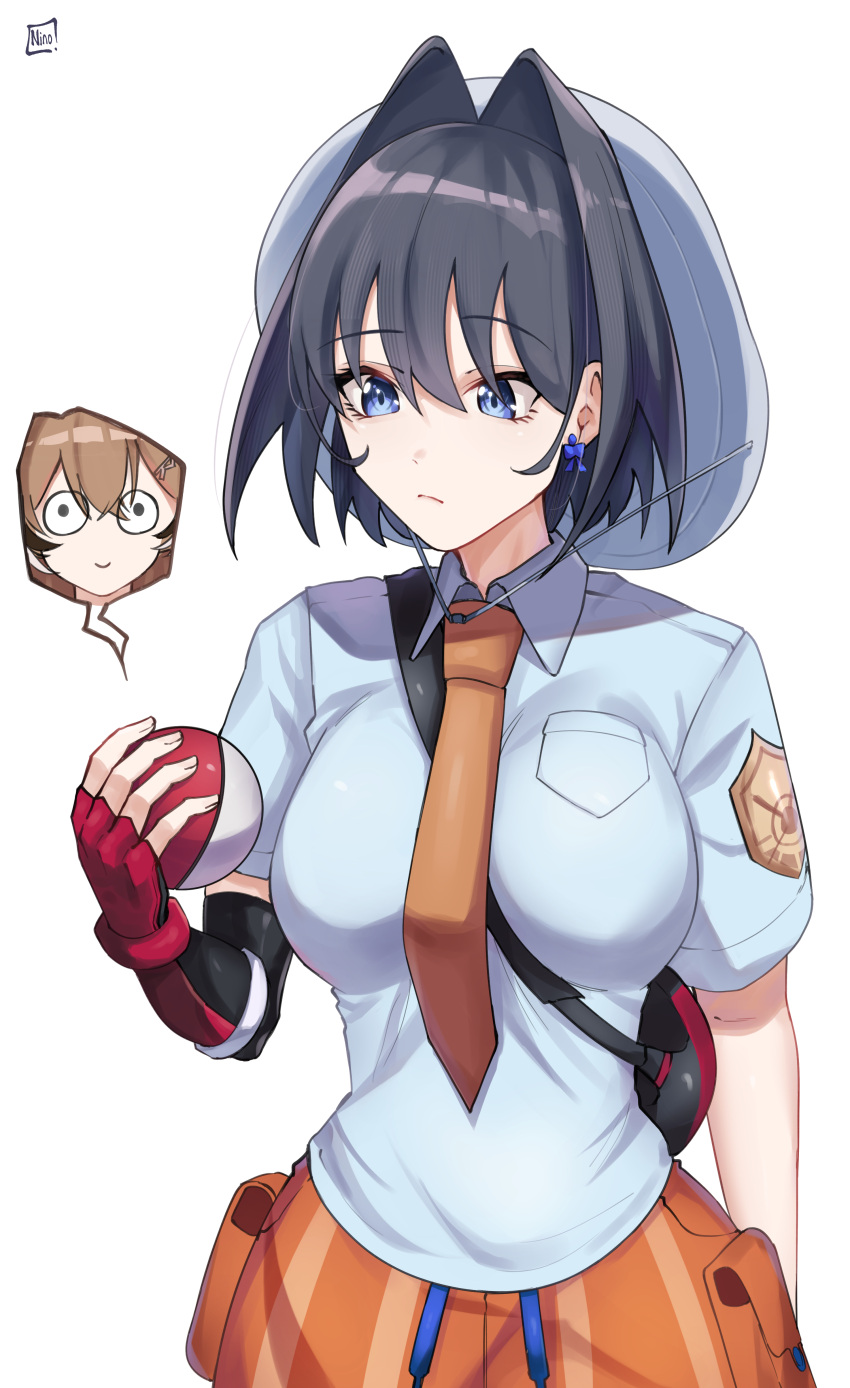 1girl absurdres backpack bag bangs black_bag black_hair blue_eyes breast_pocket breasts closed_mouth collared_shirt commentary earrings gloves hair_intakes hand_up highres holding holding_poke_ball hololive jewelry large_breasts nanashi_mumei necktie o22no orange_necktie orange_shorts ouro_kronii pocket poke_ball poke_ball_(basic) pokemon shirt short_sleeves shorts signature simple_background spoken_character white_background
