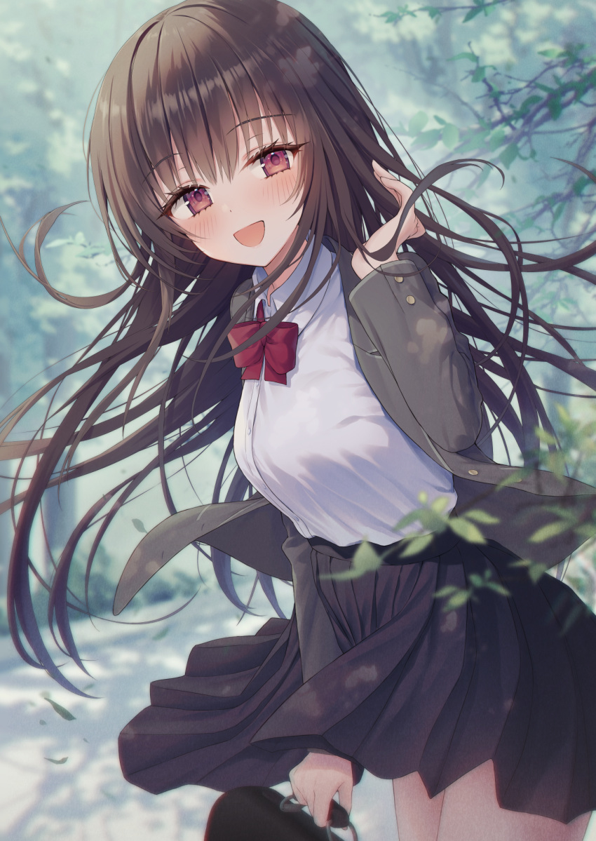 1girl :d bangs black_skirt blazer blush bow branch breasts brown_hair collared_shirt commentary day dress_shirt floating_hair grey_jacket highres holding jacket kuro_futoshi looking_at_viewer medium_breasts open_clothes open_jacket original outdoors pleated_skirt red_bow red_eyes revision school_briefcase school_uniform shirt skirt smile solo tree white_shirt