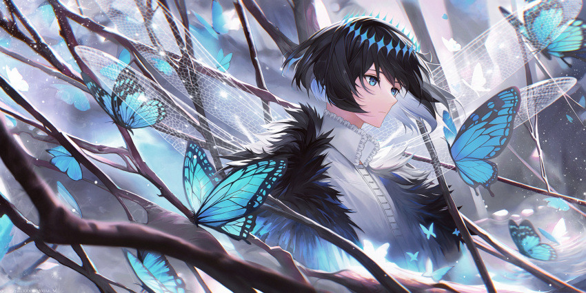 1boy absurdres blue_eyes branch bug butterfly butterfly_wings cape expressionless fate/grand_order fate_(series) fur_cape highres oberon_(fate) outdoors sannen_(wuuk5423) shirt white_shirt wings winter