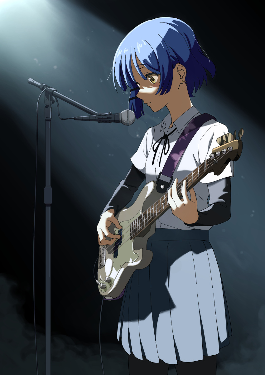 1girl absurdres bass_guitar black_ribbon black_undershirt blue_hair bocchi_the_rock! collared_shirt cowboy_shot earrings fender_precision_bass highres instrument jewelry ku_anime microphone microphone_stand mole mole_under_eye music neck_ribbon pantyhose playing_instrument pleated_skirt ribbon shirt shirt_tucked_in short_hair skirt solo stage_lights stud_earrings undershirt white_shirt yamada_ryou yellow_eyes