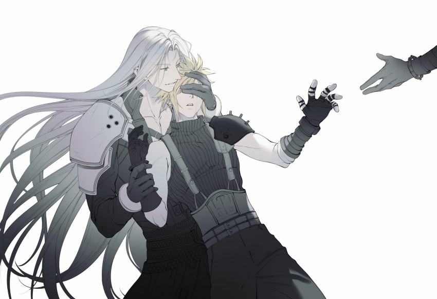 2boys armor blonde_hair cloud_strife covering_eyes crying final_fantasy final_fantasy_vii gloves grey_hair highres holding_another's_wrist multiple_boys non-web_source pauldrons reaching sephiroth shoulder_armor single_tear xianyu314