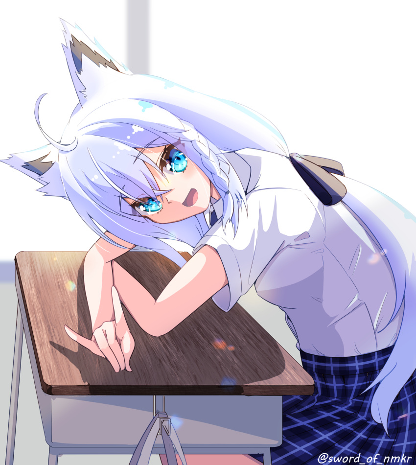 1girl ahoge animal_ear_fluff animal_ears arm_rest backlighting bangs black_bow blue_sky bow braid breasts commentary_request desk fox_ears fox_girl fox_shadow_puppet green_eyes hair_between_eyes hair_bow highres hololive leaning_forward long_hair looking_at_viewer murasame_(sword_of_nmkr) open_mouth pleated_skirt school_desk shirakami_fubuki shirt short_sleeves sidelocks single_braid sitting skirt sky small_breasts solo twitter_username virtual_youtuber white_hair white_shirt