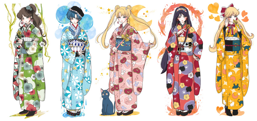 5girls absurdres aino_minako alternate_costume animal animal_print bangs bishoujo_senshi_sailor_moon black_cat black_flower black_footwear black_hair black_sash blonde_hair blue_eyes blue_flower blue_hair blue_kimono blue_rose blue_sash blush bow brown_hair bunny_head cat cat_print covering_mouth crescent crescent_earrings crescent_moon crescent_print crossed_arms double_bun earrings fire floral_print flower flower_earrings furisode geta ginkou_(atmzh) glitter green_eyes green_kimono hair_bow hair_bun hair_flower hair_ornament hand_in_own_hair hand_on_own_chest hand_on_own_stomach heart heart_print heart_wand high_heels highres hino_rei holding holding_wand japanese_clothes jewelry kimono kino_makoto light_blue_kimono lipstick long_eyelashes long_hair long_sleeves looking_away looking_to_the_side luna_(sailor_moon) makeup mizuno_ami moon multicolored_hairband multiple_girls obi parted_bangs pink_kimono pink_lips ponytail purple_hair rabbit_print red_bow red_flower red_kimono red_ribbon ribbon rose sailor_moon sash shoes side_ponytail sitting socks standing star_(symbol) star_print star_wand swept_bangs tsukino_usagi tsurime twintails two-tone_bow two-tone_footwear two-tone_sash violet_eyes wand white_background white_flower white_sash white_socks wide_sleeves yellow_flower yellow_kimono yellow_ribbon