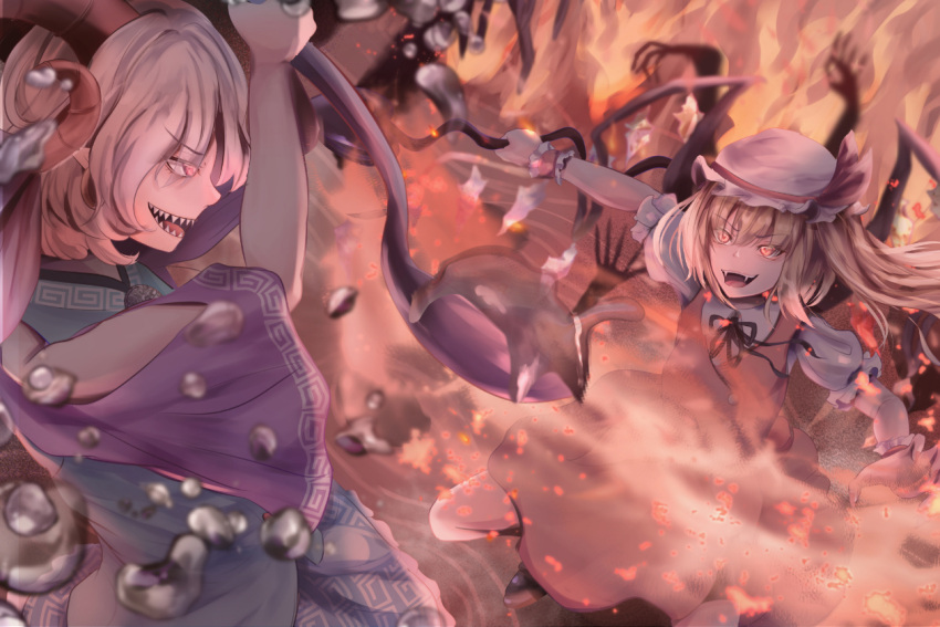 2girls black_ribbon blonde_hair collared_shirt detached_sleeves dress fangs fighting fighting_stance fingernails fire flandre_scarlet frilled_sleeves frills hair_between_eyes hat hat_ribbon holding holding_polearm holding_spork holding_weapon horns laevatein_(touhou) long_hair looking_at_another mob_cap multiple_girls neck_ribbon niradama_(nira2ratama) open_mouth polearm puffy_short_sleeves puffy_sleeves red_ribbon red_skirt red_vest ribbon sharp_fingernails sharp_teeth shirt short_sleeves skirt skirt_set sleeveless sleeveless_dress teeth touhou toutetsu_yuuma upper_teeth v-shaped_eyebrows vest weapon white_headwear white_shirt wrist_cuffs