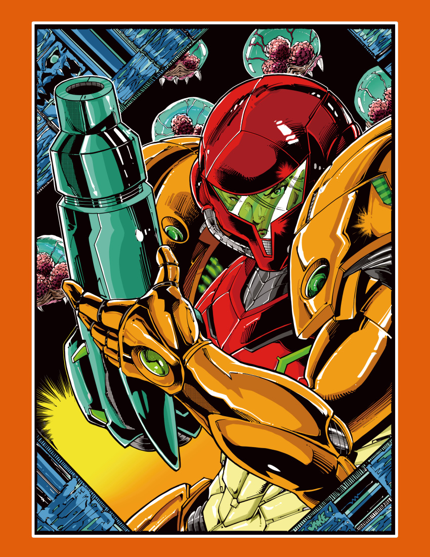 1girl absurdres arm_cannon assault_visor blonde_hair blue_eyes border english_commentary hair_between_eyes highres holding_own_arm inker-guy looking_at_viewer metroid metroid_(creature) orange_border parted_lips power_armor samus_aran science_fiction solo_focus upper_body varia_suit weapon western_comics_(style)