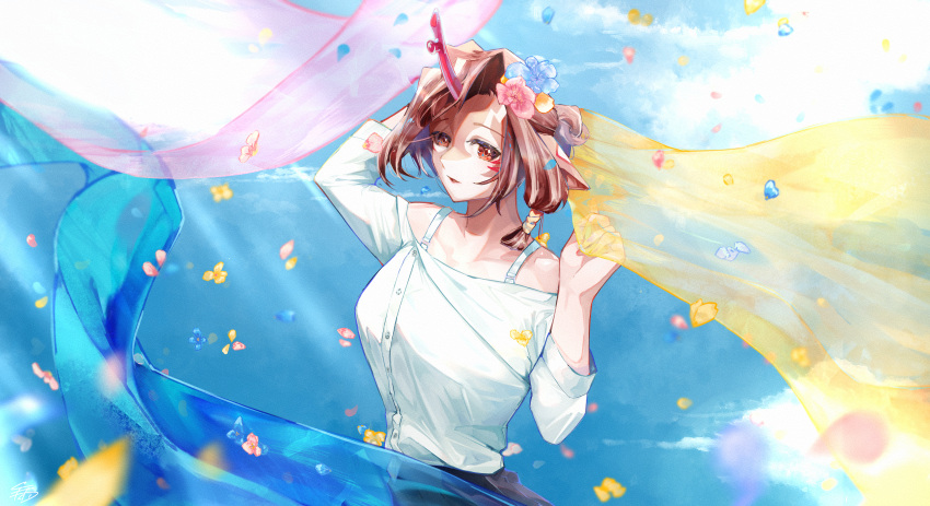 1girl absurdres arknights arm_up blue_sky brown_eyes brown_hair day hands_up highres horns nakan outdoors petals princess_fumizuki_(arknights) red_horns shirt short_hair silk single_horn sky solo white_shirt