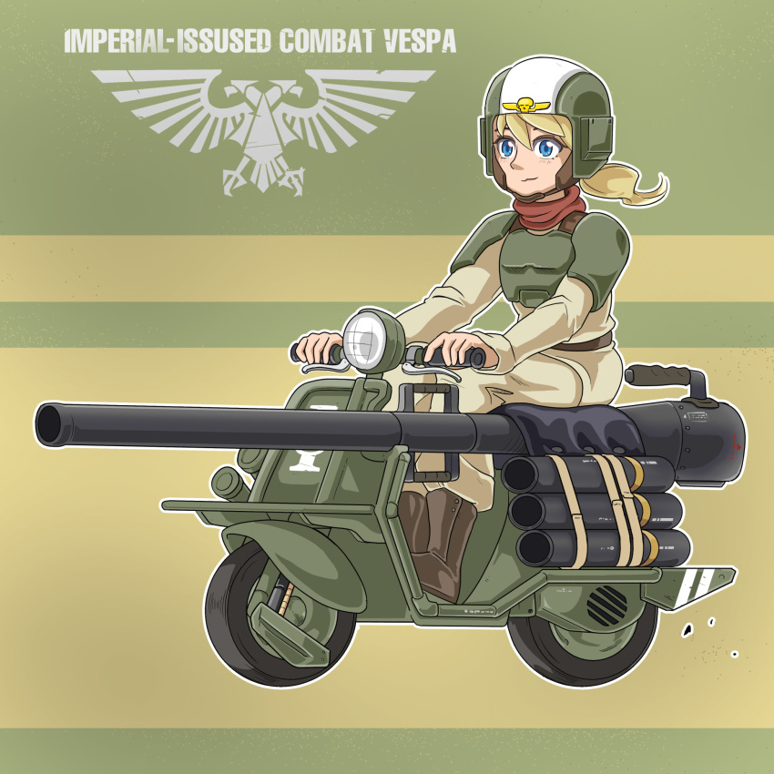 1girl astra_militarum blonde_hair blue_eyes boots bulletproof_vest cannon ground_vehicle highres mick19988 military military_uniform motor_vehicle motorcycle neckerchief ponytail red_neckerchief riding scooter solo uniform vespa warhammer_40k