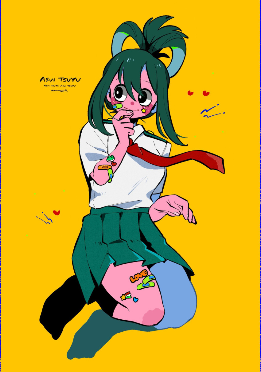 1girl alternate_hairstyle anna_(aannnaa3) asui_tsuyu bandaid bandaid_on_arm bandaid_on_cheek bandaid_on_face bandaid_on_leg bandaid_on_thigh bangs black_eyes black_socks boku_no_hero_academia breasts bright_pupils character_name closed_mouth collared_shirt commentary_request full_body green_hair green_skirt hair_rings hair_up heart highres kneehighs necktie no_shoes pleated_skirt red_necktie school_uniform shirt sidelocks simple_background skirt smile socks solo star_sticker sticker sticker_on_face sticker_on_leg u.a._school_uniform white_pupils white_shirt yellow_background