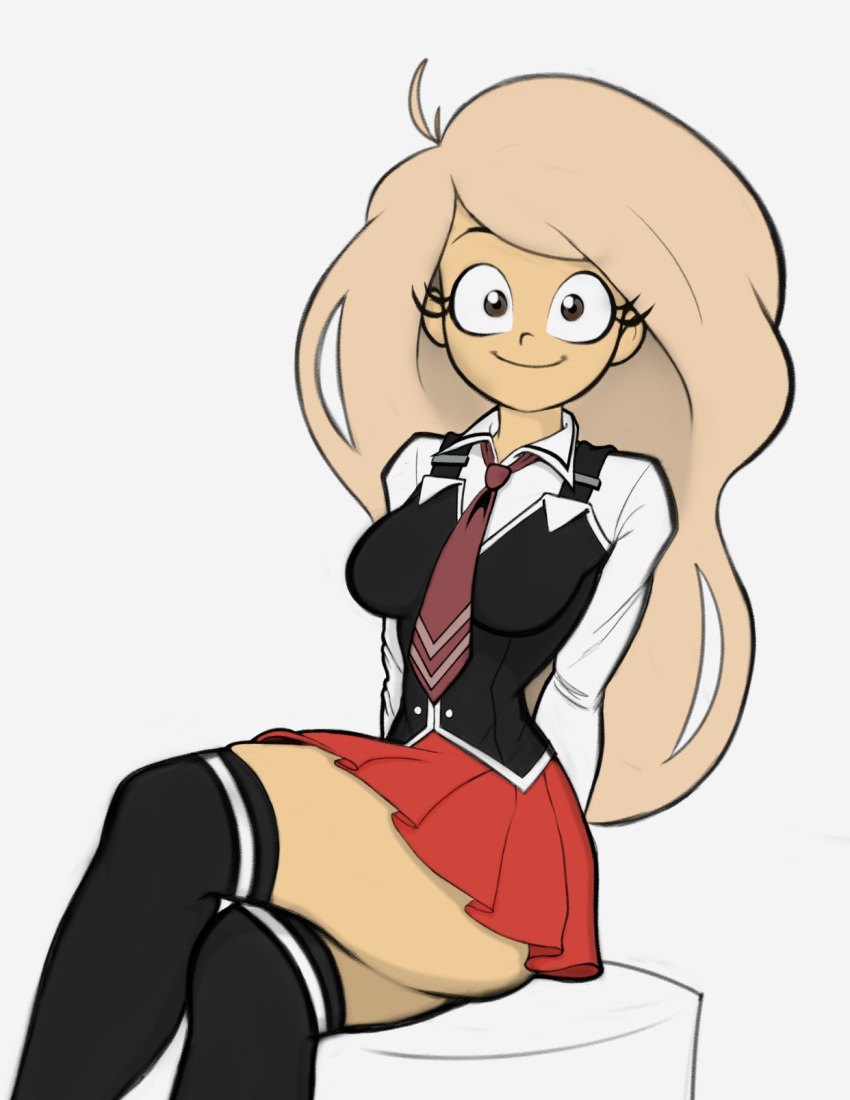 1girl alternate_costume artist_request bangs bare_shoulders blonde_hair blush breasts closed_mouth coco_schoppenboer collared_shirt grey_eyes long_hair long_sleeves necktie ongezellig parted_lips pleated_skirt red_skirt school_uniform sleeves_past_wrists slim_waist smile standing suspenders thigh-highs thighs vest wavy_hair white_shirt