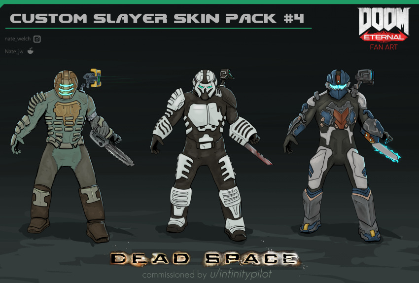 armor crossover dead_space deadspace deadspace2 doom doom2016 doom_(series) doom_2016 doom_eternal doom_guy doom_slayer doometernal doomguy doomslayer exosuit fan_art highres isaac_clarke isaacclarke plasmacutter pulse_rifle pulserifle science_fiction sciencefiction soldier