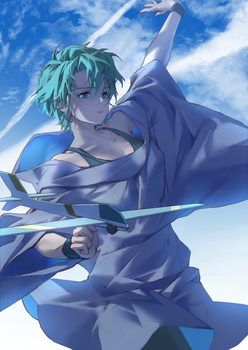 1girl clouds cloudy_sky collarbone four_murasame green_eyes green_hair gundam highres holding holding_toy lilithbloody loose_clothes parted_lips purple_shirt shirt short_hair sky toy wide_sleeves zeta_gundam
