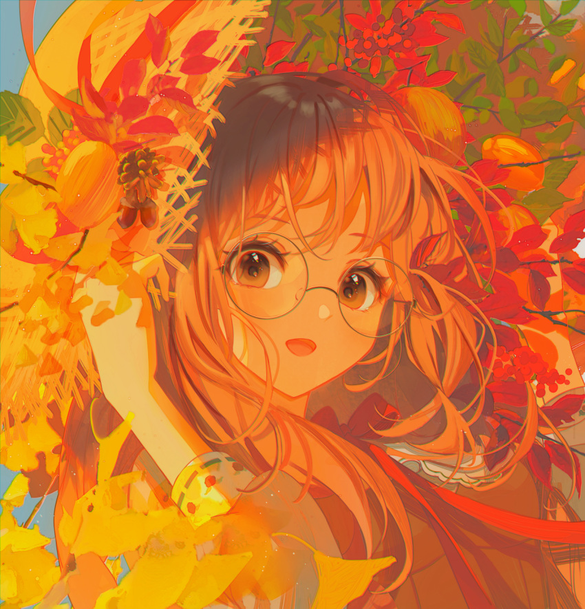 1girl brown_hair flower glasses hand_on_headwear hat highres lium long_hair looking_at_viewer open_mouth original red_flower smile sun_hat wind yellow_flower