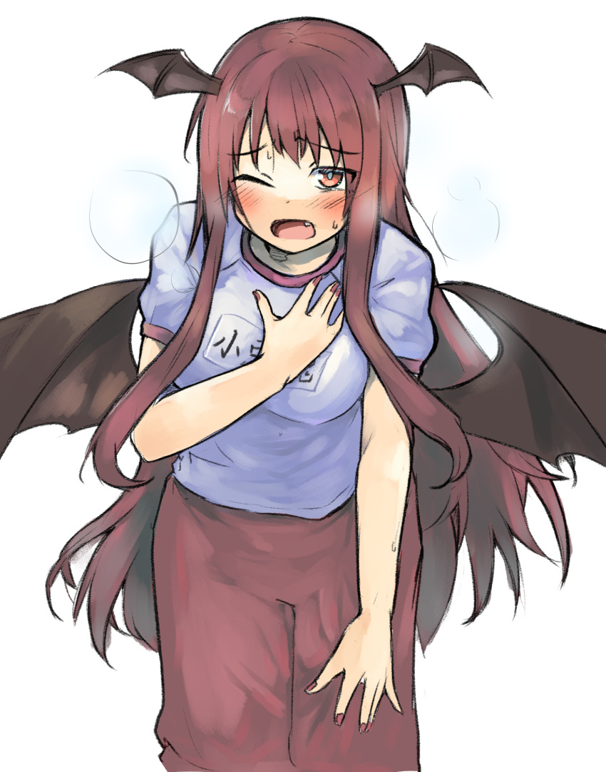 1girl \||/ alternate_costume bangs bat_wings blush breasts breath exhausted ginnkei hand_on_own_chest head_wings highres koakuma leaning_forward long_hair looking_at_viewer low_wings medium_breasts nail_polish one_eye_closed open_mouth red_eyes red_nails redhead shirt short_sleeves simple_background solo touhou very_long_hair white_background white_shirt wings