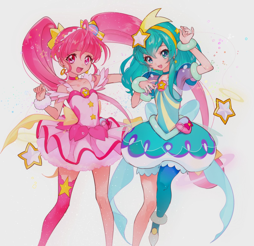 2girls :d ahoge aqua_eyes aqua_hair bangs blue_eyes blue_hair blunt_bangs blush collarbone cure_milky cure_star dress earrings hagoromo_lala hair_ornament hairband heart highres hoshina_hikaru jewelry long_hair looking_at_viewer magical_girl multiple_girls open_mouth pink_eyes pink_hair pointy_ears precure short_hair smile star-shaped_pupils star_(symbol) star_hair_ornament star_twinkle_precure symbol-shaped_pupils twintails yukiumisaka