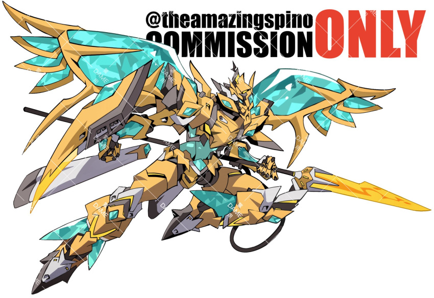 blue_eyes clenched_hand commission highres holding holding_polearm holding_weapon lance looking_ahead mecha mechanical_wings no_humans original polearm robot science_fiction solo theamazingspino twitter_username watermark weapon white_background wings