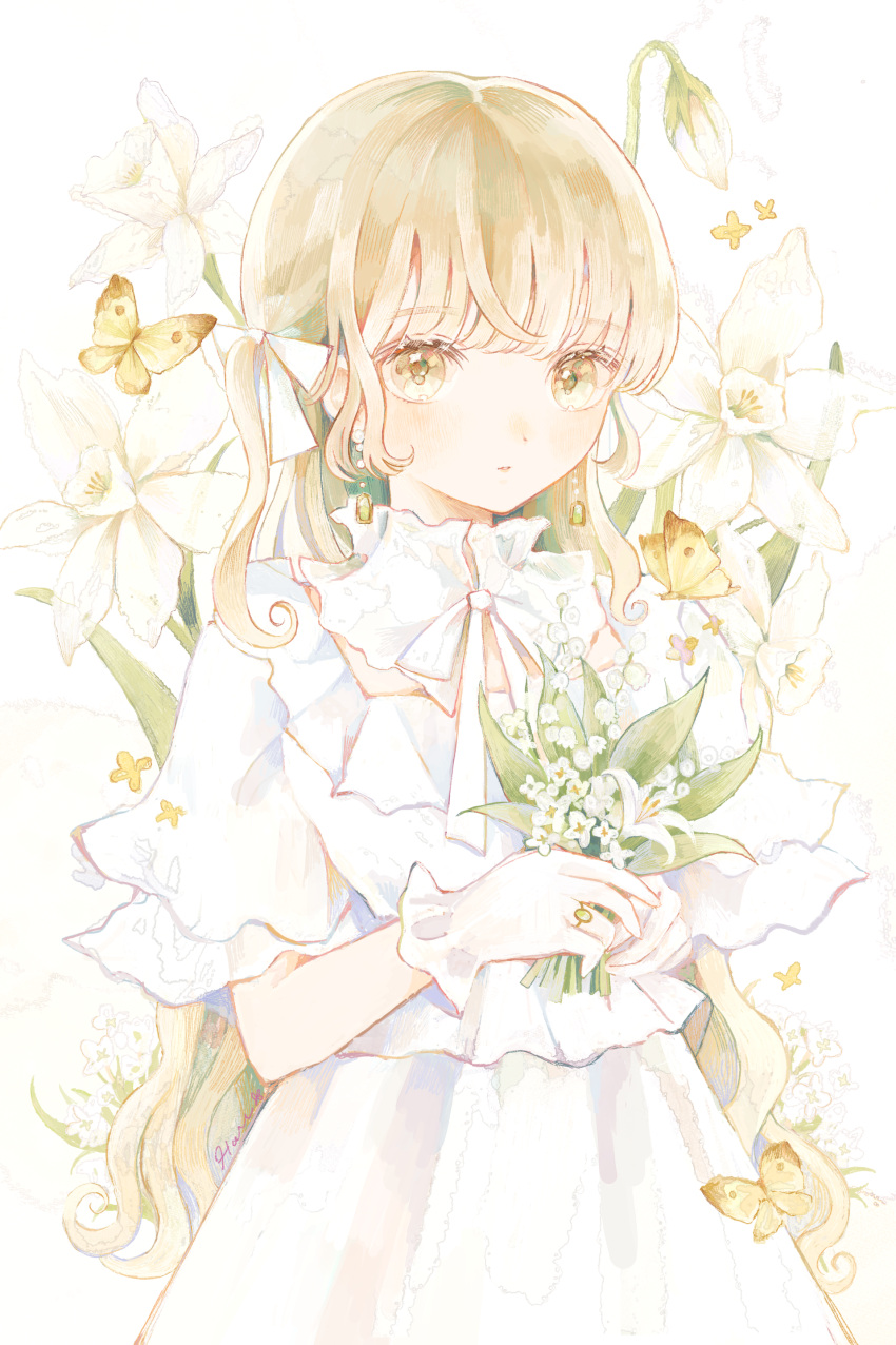 1girl absurdres bangs blonde_hair blunt_bangs bouquet bow bud bug butterfly closed_mouth cowboy_shot curly_hair dress earrings expressionless flower gloves hair_bow hau highres holding holding_bouquet jewelry long_hair looking_at_viewer original ring short_sleeves solo white_background white_bow white_dress white_flower white_gloves yellow_butterfly