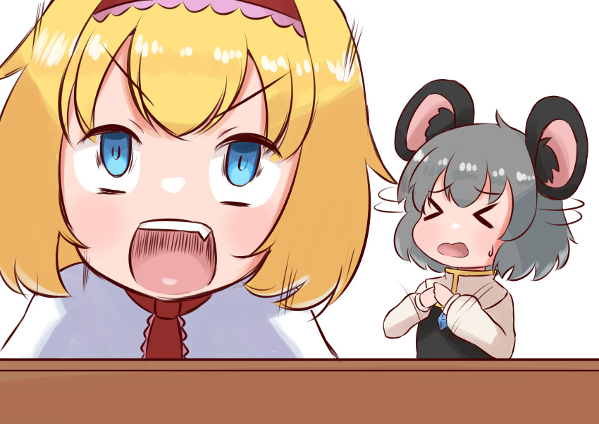 &gt;_&lt; 2girls absurdres alice_margatroid animal_ears bangs blonde_hair blue_eyes blush capelet closed_eyes commentary_request cookie_(touhou) crystal frilled_hairband frills grey_hair hairband highres ichigo_(cookie) jewelry long_sleeves mouse_ears mouse_girl multiple_girls nazrin necktie nyon_(cookie) open_mouth pendant red_hairband red_necktie shirt short_hair shouting simple_background table touhou tsugumi_amon upper_body v-shaped_eyebrows white_background white_capelet white_shirt