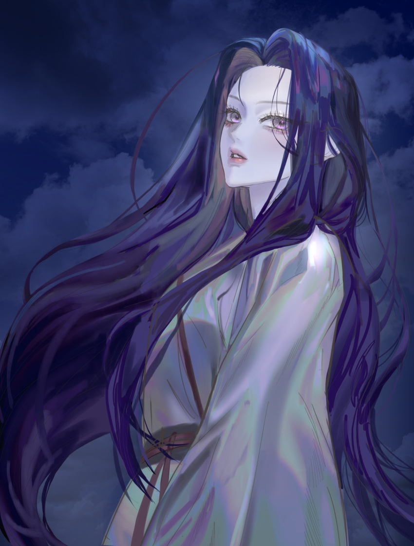 1girl absurdres black_hair clouds from_side hair_strand highres it_chaaarm62 long_hair long_sleeves night parted_lips return_of_the_mount_hua_sect sash sketch solo teeth uniform upper_body violet_eyes yu_iseol_(return_of_the_mount_hua_sect)