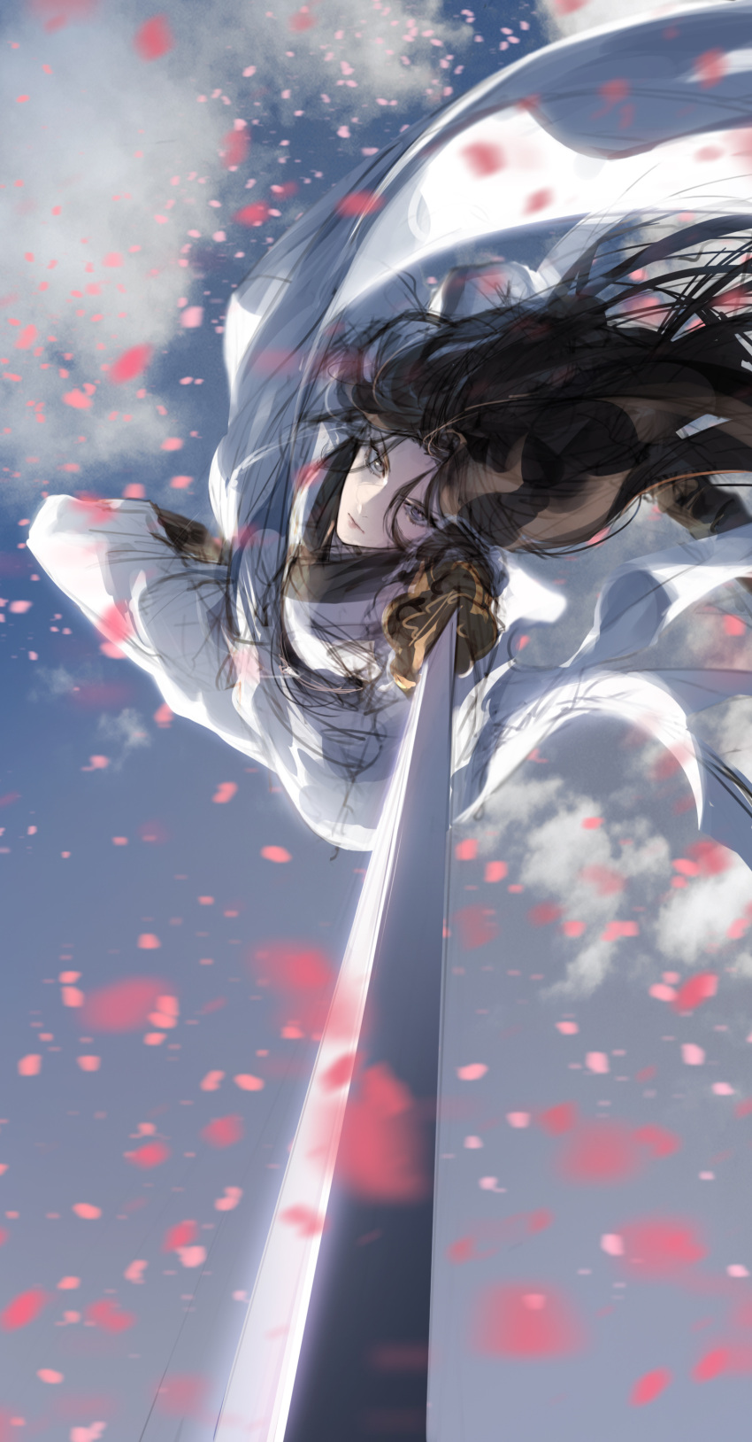 1girl absurdres black_hair blue_sky closed_mouth clouds dynamic_pose expressionless falling falling_petals from_below haban_(haban35) highres long_hair long_sleeves looking_at_viewer petals return_of_the_mount_hua_sect sketch sky sword weapon white_uniform yu_iseol_(return_of_the_mount_hua_sect)