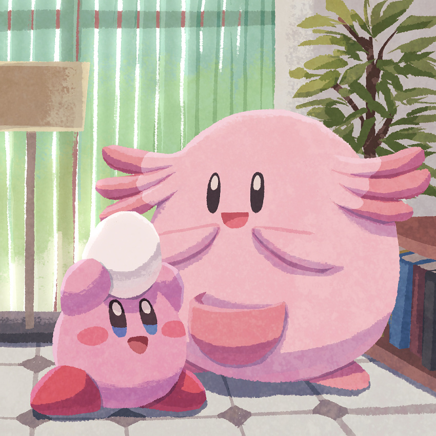 book bookshelf chansey creature curtains egg happy kirby kirby's_dream_land kirby_(series) looking_at_another miclot plant pokemon pokemon_(creature) potted_plant size_difference smile tongue window