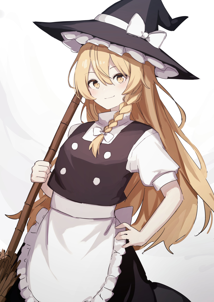 1girl absurdres apron black_headwear black_skirt black_vest blonde_hair blush bow braid broom closed_mouth commentary cowboy_shot hair_between_eyes hair_bow hand_on_hip hat hat_bow highres holding holding_broom kirisame_marisa long_hair looking_at_viewer puffy_short_sleeves puffy_sleeves shiratakiseaice shirt short_sleeves simple_background single_braid skirt sleeve_cuffs smile solo touhou vest waist_apron white_apron white_background white_bow white_shirt witch_hat yellow_eyes
