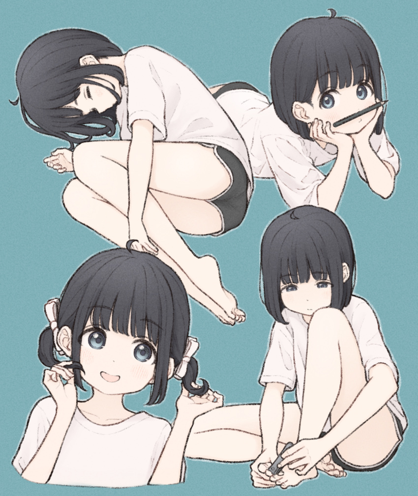 1girl 1ssakawaguchi absurdres barefoot black_eyes black_hair bob_cut clipping_nails closed_eyes dolphin_shorts highres lying nail_clippers on_side original pedicure pencil pencil_mustache short_shorts shorts simple_background sitting twintails