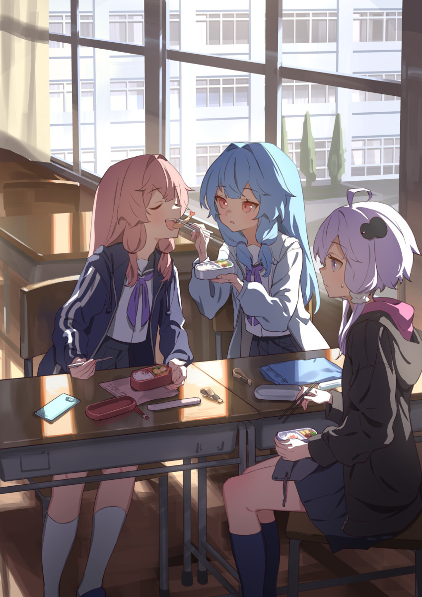 3girls ahoge bento black_jacket black_socks blue_hair blue_jacket cellphone chair chopsticks classroom closed_eyes desk feeding food grey_skirt hair_intakes hair_ornament highres holding holding_bento holding_chopsticks hood hooded_jacket indoors jacket kotonoha_akane kotonoha_aoi long_hair looking_at_another lunch miniskirt multiple_girls napkin neckerchief open_mouth phone pink_eyes pink_hair purple_hair purple_neckerchief school school_uniform shirt shrimp shrimp_tempura siblings sidelocks sisters sitting skirt smartphone smile socks sweat tempura track_jacket violet_eyes vocaloid voiceroid white_shirt white_socks window yamamomo_(plank) yuzuki_yukari