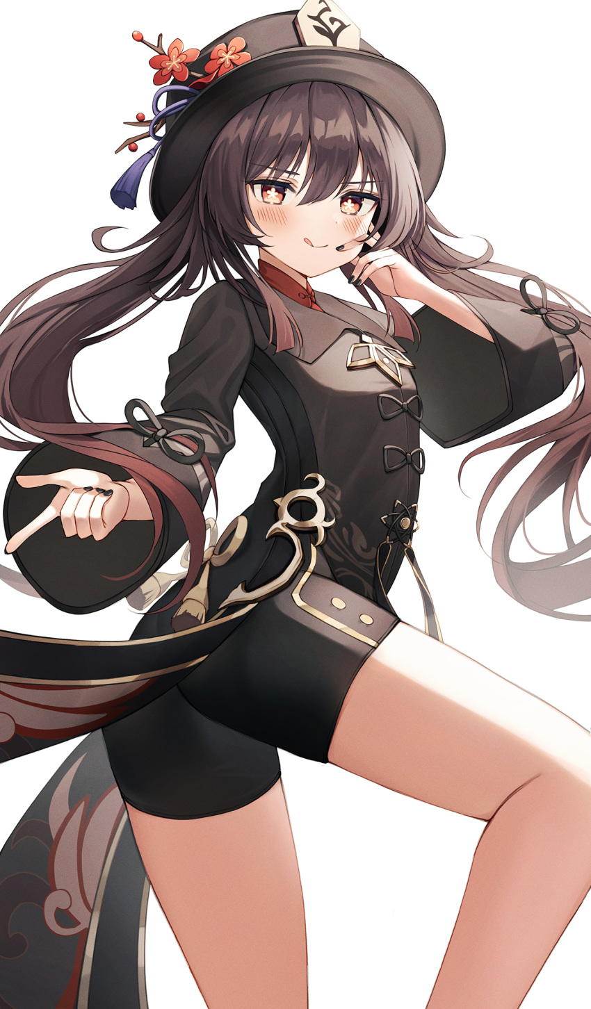 1girl :p backlighting bare_legs black_nails black_shirt blush breasts brown_hair coattails collared_coat feet_out_of_frame flower flower-shaped_pupils genshin_impact hair_over_shoulder hand_on_own_face hat hat_ornament highres hu_tao_(genshin_impact) leg_up long_sleeves looking_at_viewer pluto_(97dwnstjq) porkpie_hat red_eyes red_flower red_shirt shiny shiny_hair shirt sidelocks simple_background small_breasts smile solo standing symbol-shaped_pupils tongue tongue_out twintails white_background