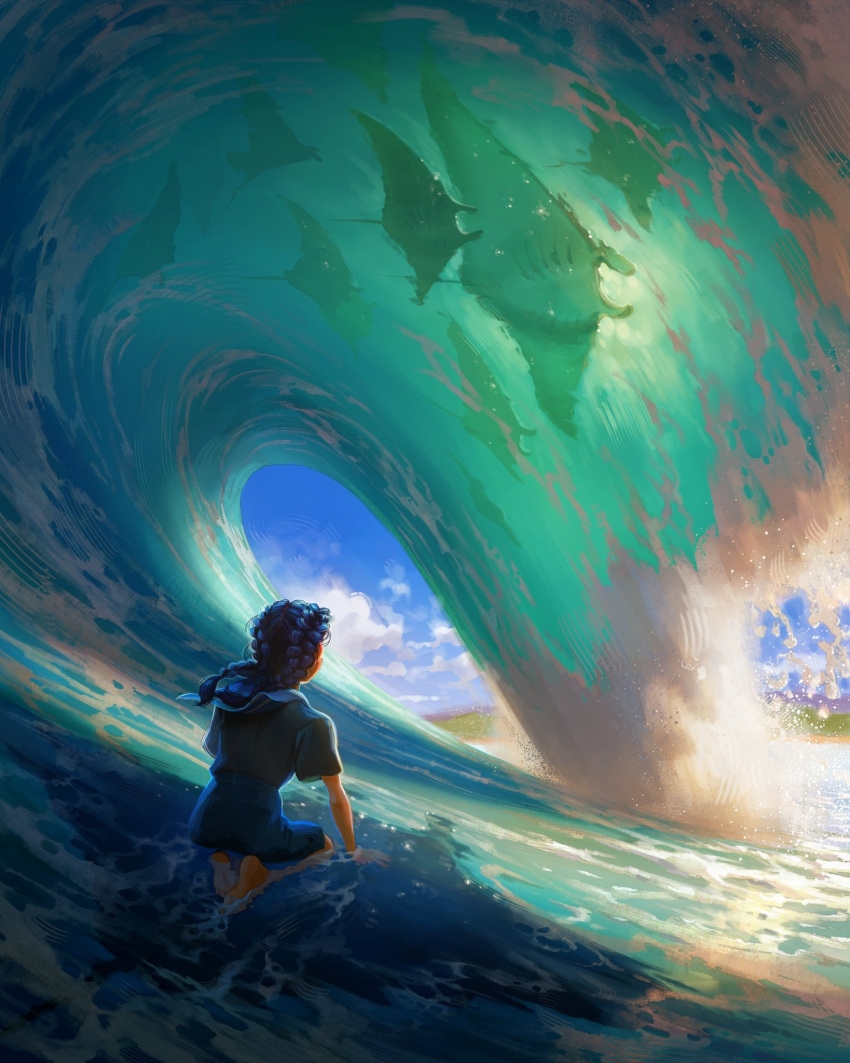 1girl animal blue_dress blue_hair braid braided_ponytail devin_elle_kurtz dress english_commentary from_behind highres kneeling long_hair ocean original short_sleeves sitting_on_animal solo stingray water waves