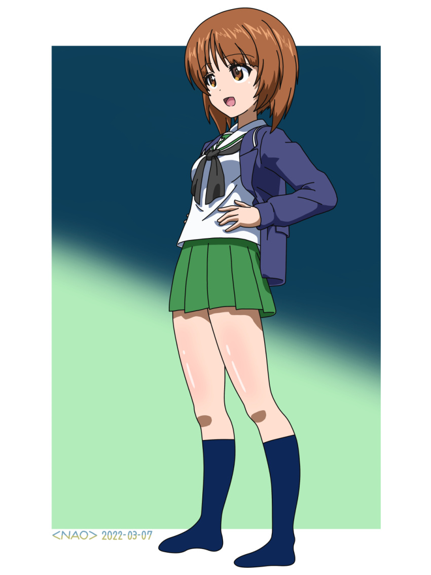 1girl artist_name bangs black_neckerchief blouse blue_jacket blue_socks brown_eyes brown_hair buttons coat commentary dated double-breasted full_body girls_und_panzer green_skirt hands_on_hips highres jacket kneehighs long_sleeves looking_to_the_side miniskirt naotosi neckerchief nishizumi_miho no_shoes ooarai_school_uniform open_clothes open_coat open_mouth outside_border pleated_skirt sailor_collar school_uniform serafuku shirt short_hair skirt smile socks solo standing white_sailor_collar white_shirt winter_uniform