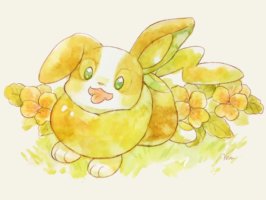 flower grass green_eyes no_humans non_(kumakawayusu) painting_(medium) pokemon pokemon_(creature) smile tongue tongue_out traditional_media watercolor_(medium) yamper yellow_theme