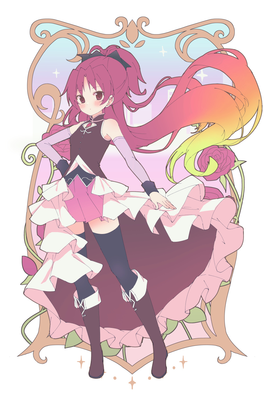 1girl absurdres bare_shoulders black_ribbon black_thighhighs blonde_hair blush boots border cityscape closed_mouth commentary_request detached_sleeves dress flower framed frilled_dress frills full_body gradient_hair hair_ribbon hand_on_hip high_collar highres knee_boots long_hair looking_at_viewer magical_girl mahou_shoujo_madoka_magica multicolored_hair ponytail red_dress red_eyes red_flower red_footwear red_rose redhead ribbon rose ruru_(rurumagi) sakura_kyouko solo soul_gem sparkle sparkle_background thigh-highs white_border zettai_ryouiki