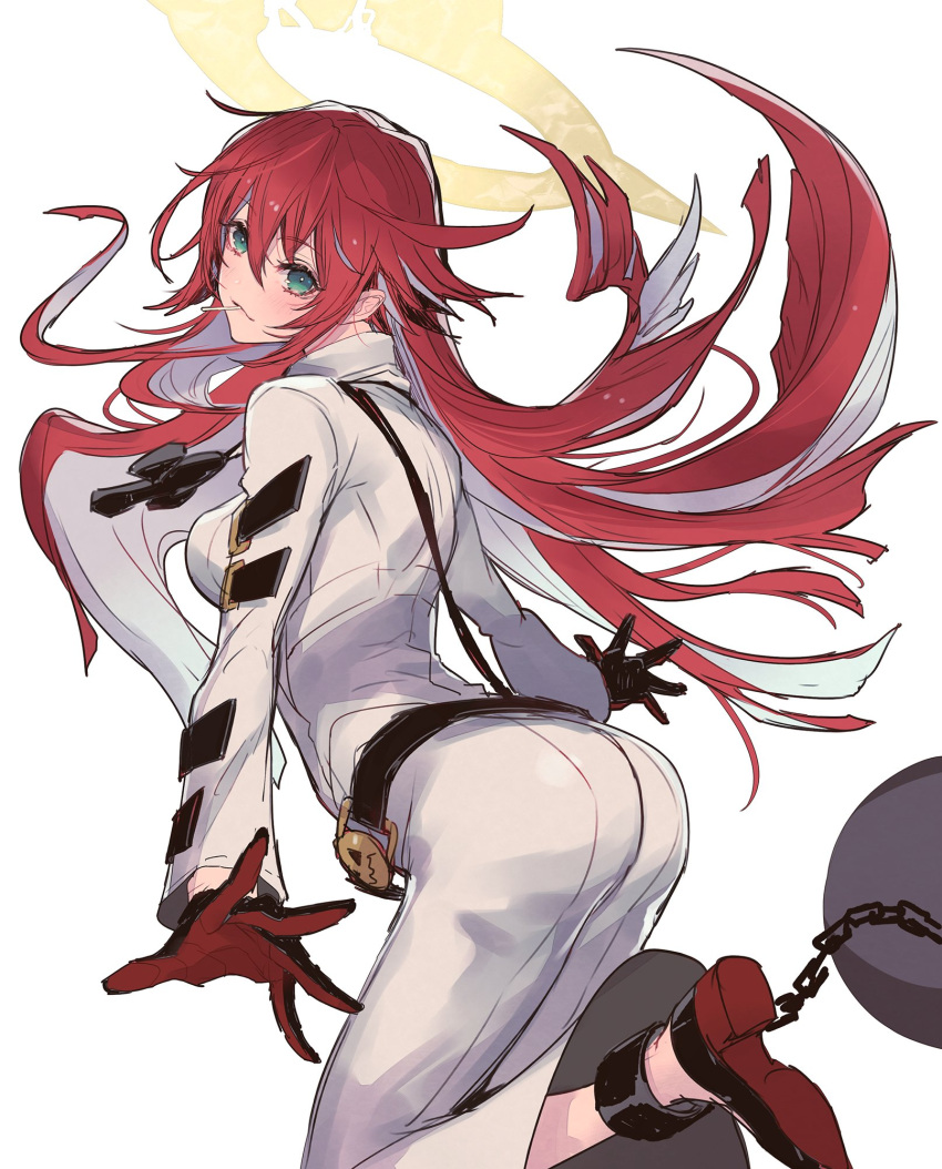 1girl ankh ankh_necklace ankle_cuffs arm_belt ass ball_and_chain_restraint bell-bottoms belt bodysuit broken_halo candy compass_rose_halo food food_in_mouth from_behind gloves green_eyes guilty_gear guilty_gear_strive halo highres jack-o'_valentine light_blush lollipop looking_at_viewer looking_back multicolored_hair oro_(sumakaita) pants redhead simple_background solo studded_belt white_background white_bodysuit white_hair white_pants