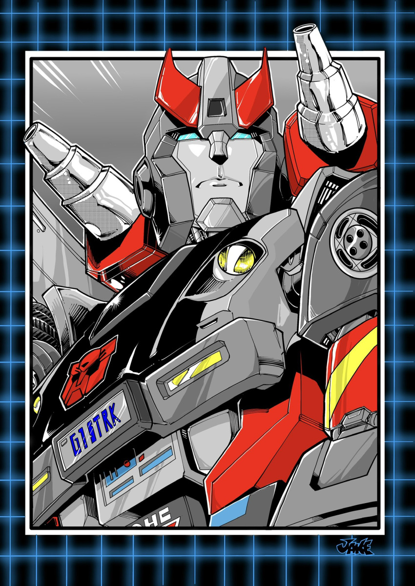 autobot blue_eyes bluestreak_(transformers) checkered_border english_commentary frown highres inker-guy looking_up mecha no_humans robot science_fiction shoulder_cannon solo transformers v-fin western_comics_(style)