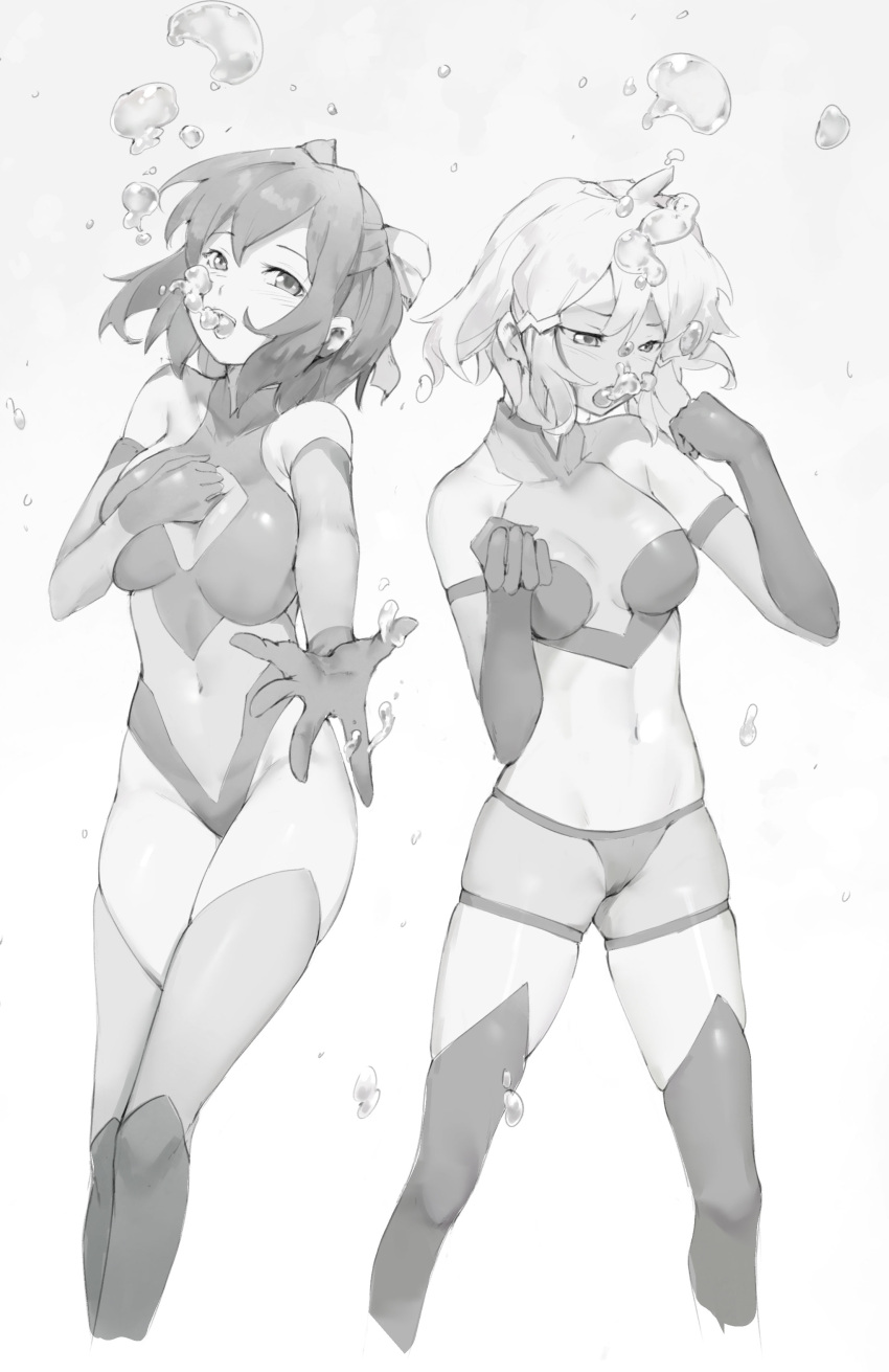 2girls absurdres air_bubble bodysuit bubble bubble_blowing hair_ribbon hand_on_own_chest highres kohinata_miku midriff monochrome multiple_girls music navel reaching_towards_viewer ribbon rou_(rou22) senki_zesshou_symphogear short_hair singing tachibana_hibiki_(symphogear) underwater