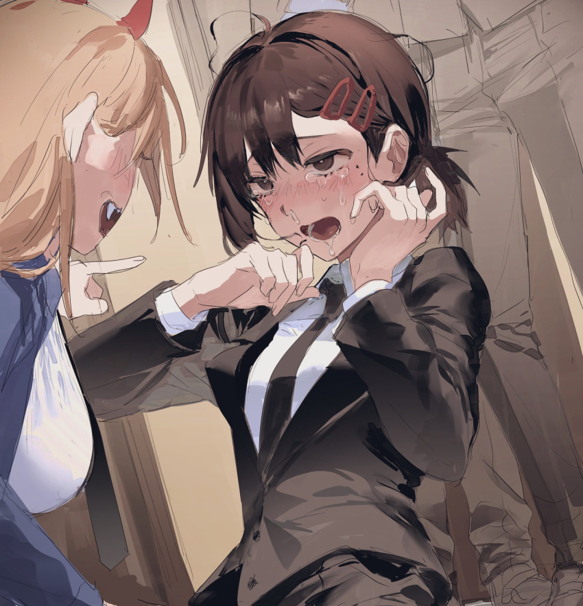 2girls black_hair black_necktie blonde_hair blue_jacket breasts chainsaw_man collared_shirt crying crying_with_eyes_open dohyo123123 drooling fangs formal hair_ornament hairclip higashiyama_kobeni highres horns jacket large_breasts looking_at_another mole mole_under_eye mouth_drool multiple_girls necktie open_mouth pointing pointing_at_another power_(chainsaw_man) red_horns shirt short_hair short_ponytail snot suit tears white_shirt wiping_tears